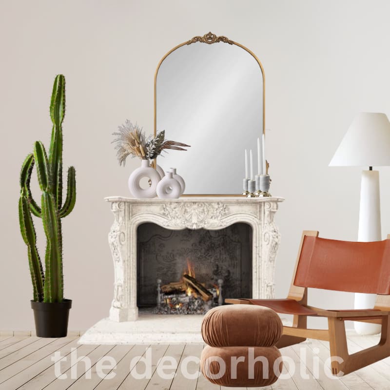 fireplace-mantel-vignette-with-mirror-leather-chair-cactus